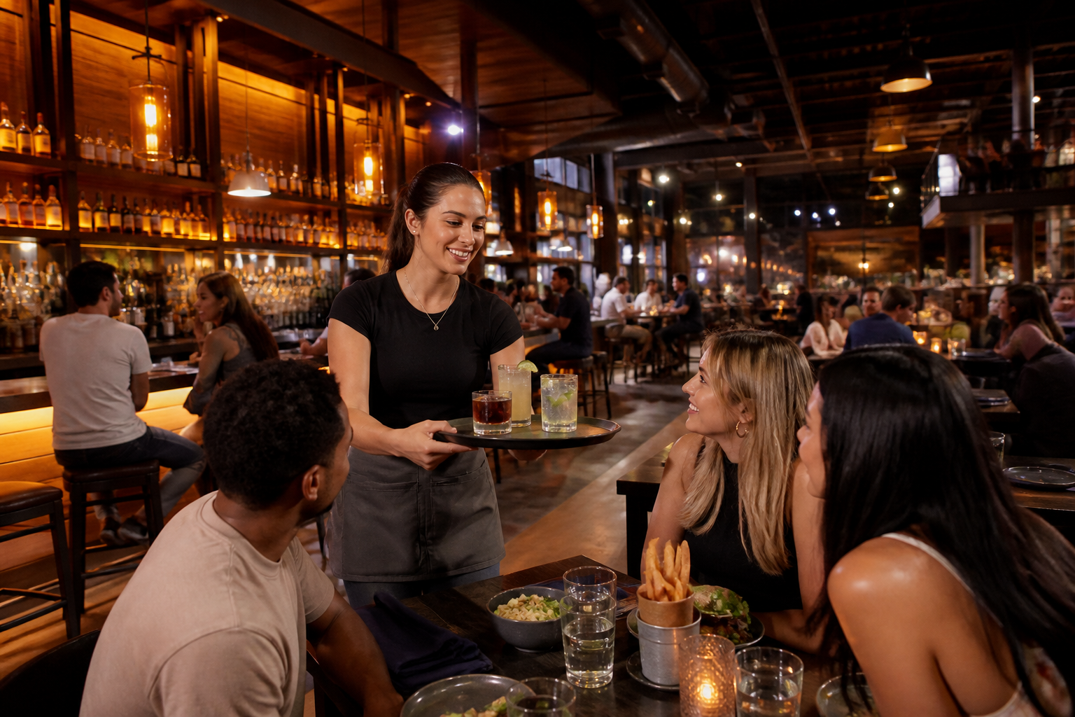 A female table server delivering drinks to guests in a large, lively bar