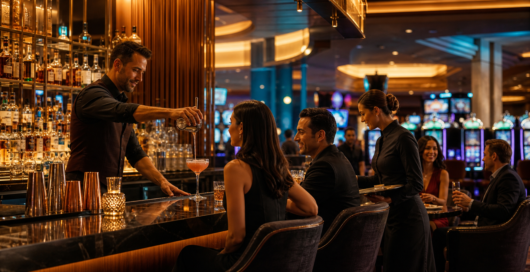 Hospitality staff serving guests in an upscale casino bar
