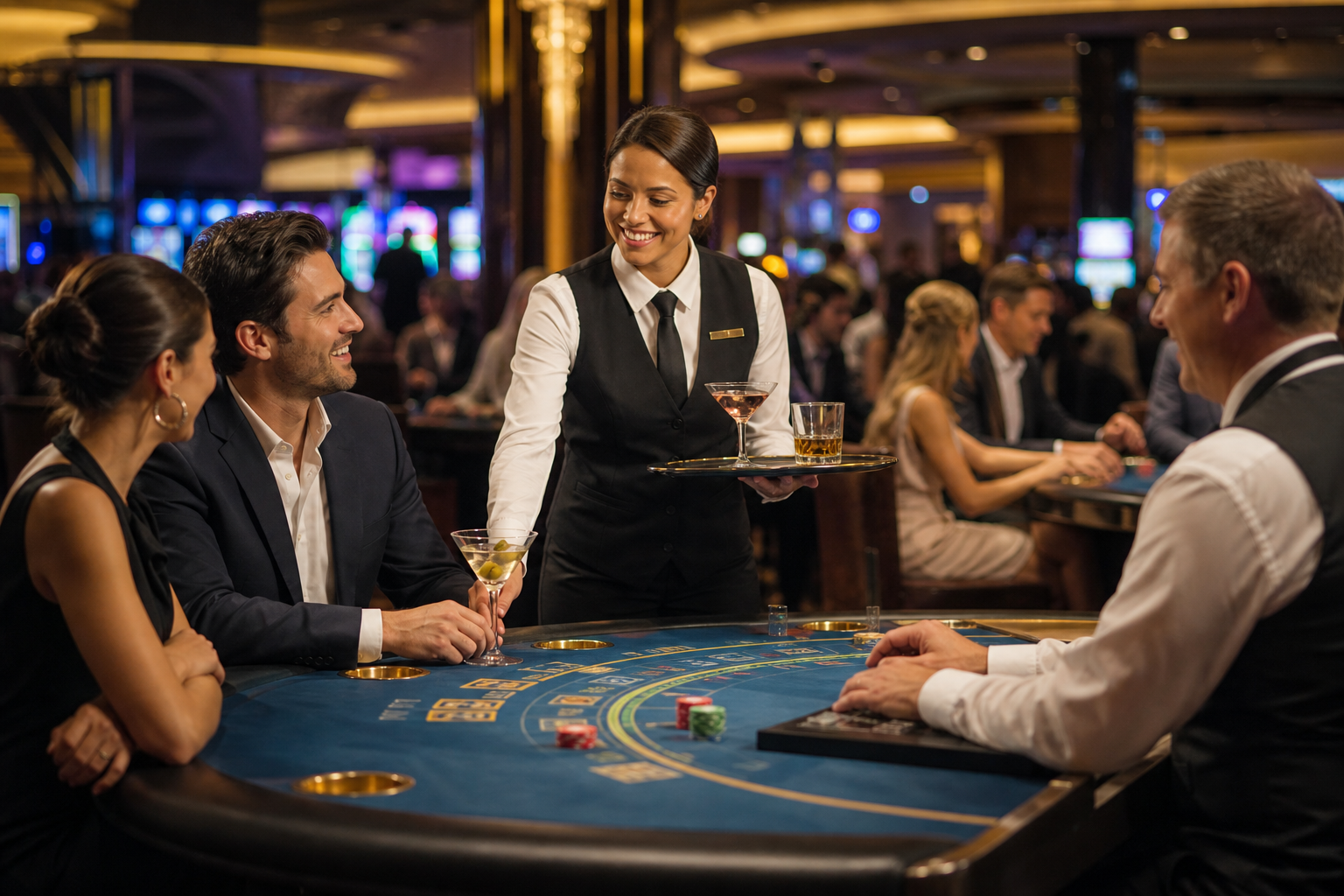 A cocktail server assisting guests at a casino gaming table