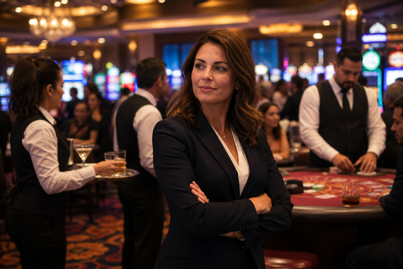 A female hospitality manager coordinating service on a busy casino floor
